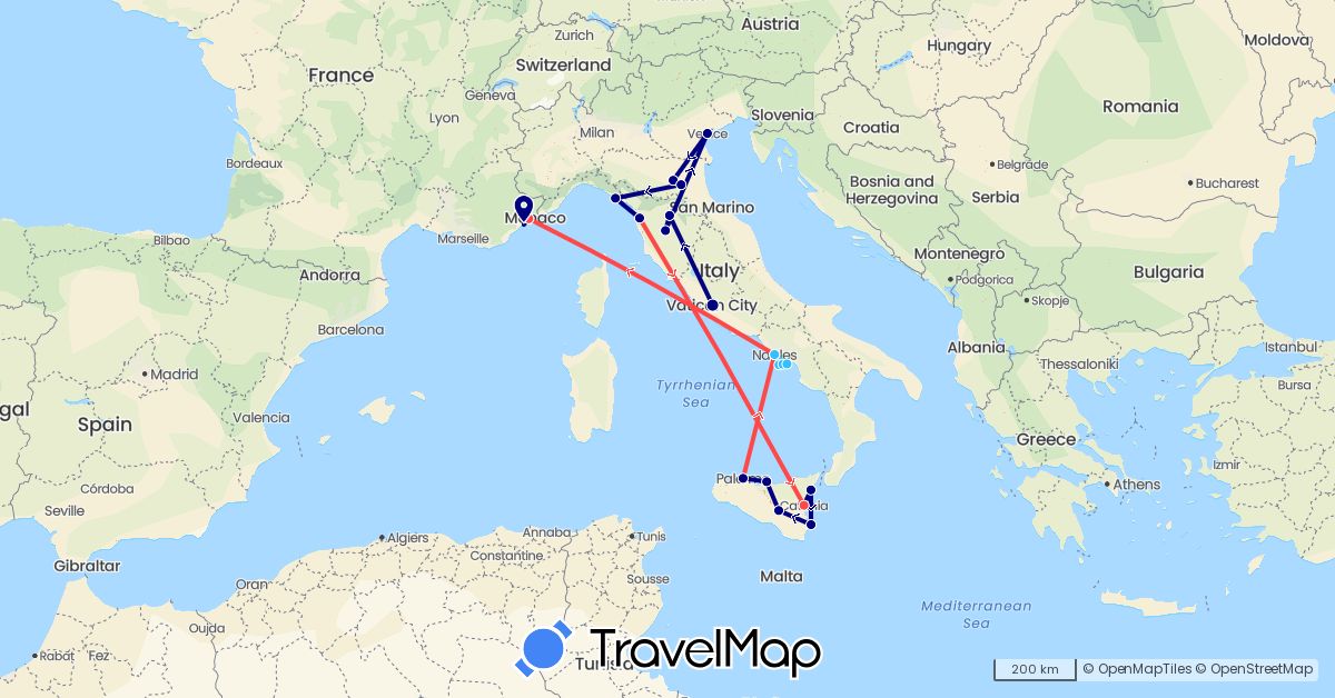 TravelMap itinerary: driving, hiking, boat in France, Italy (Europe)